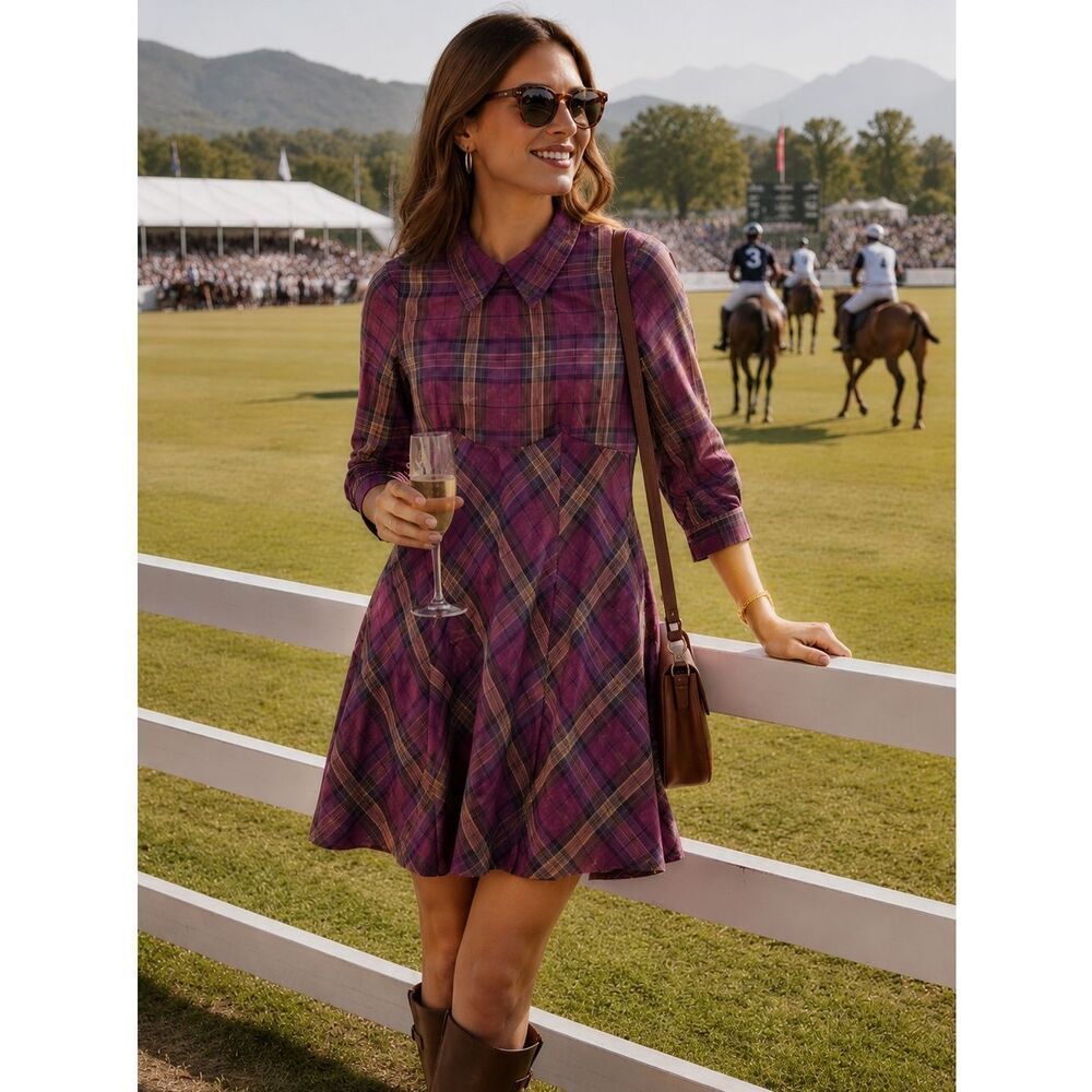 Jill Stuart Women's Plaid Cranberry Baby Doll Dress Peter Pan Collar Size 2 EUC!
